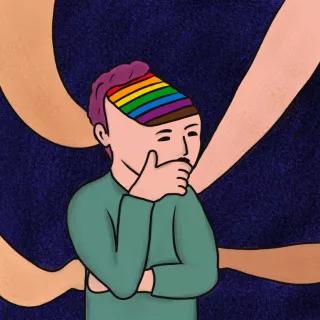 A person with an lgbtqi flag on its head