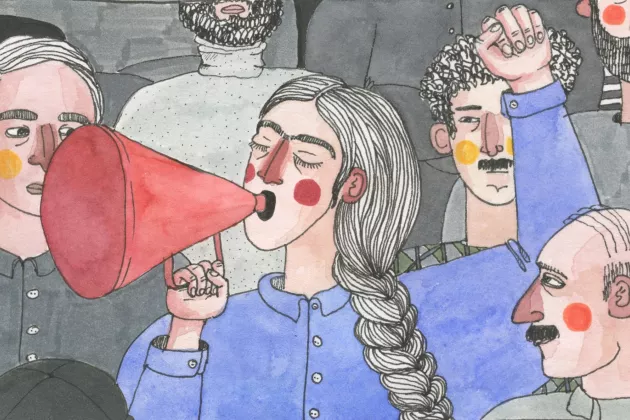 ქალი აქციაზე, ხელში ხმის გამაძლიერებლით, ილუსტრაცია