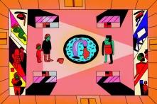 Painting of the animated house, with the family in it