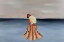 painting of a women sitting on a wooden log