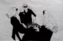 თინა ცხადაძის ნახატი, ნახატზე ჩანს სამი ქალი, რომლებიც თამაშობენ ჭადრაკს