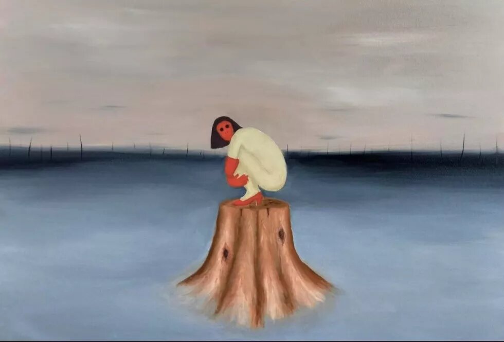 painting of a women sitting on a wooden log